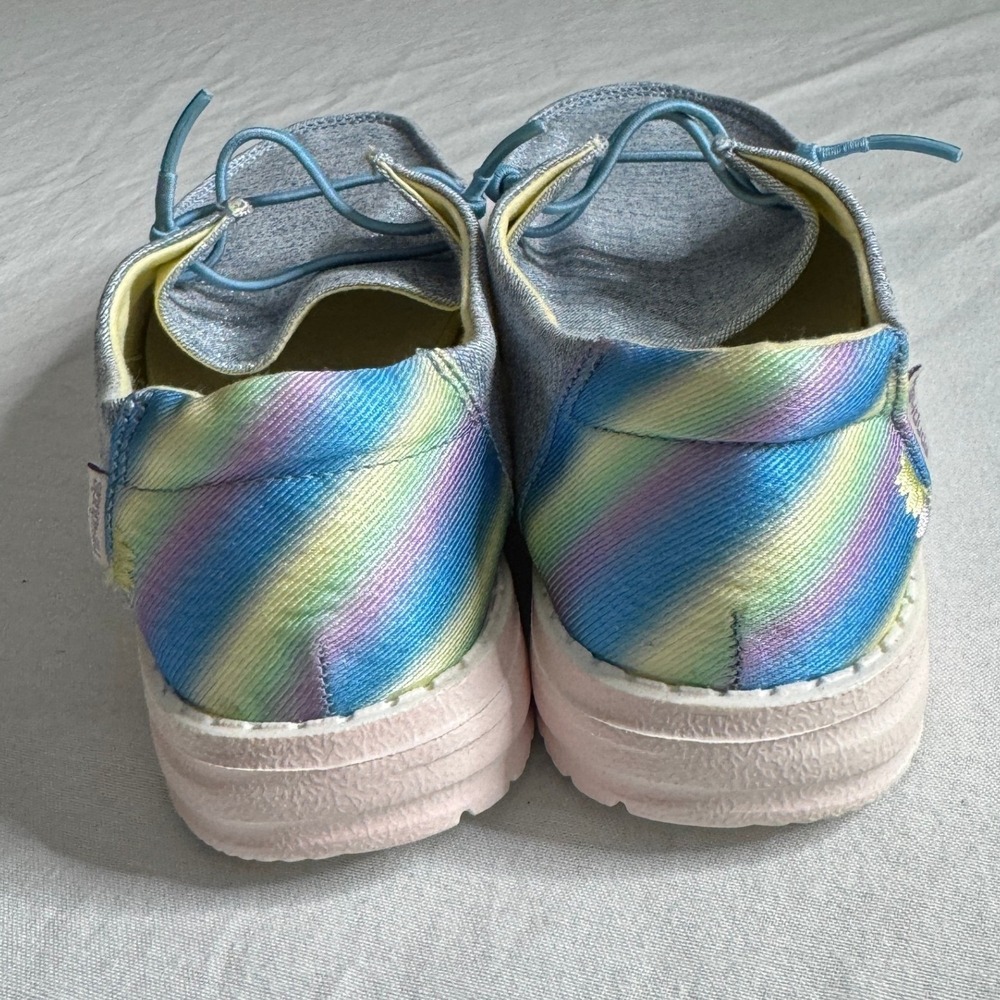 Hey Dude Wendy Sparkle Denim Rainbow Heel Slip On Moc Toe Shoes Youth 6 Womens 7 - Picture 4 of 10